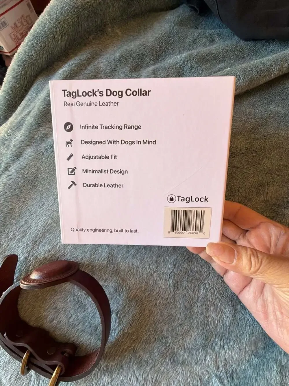 TagLock Leather AirTag Collar Holder Brown with a TrackR bravo device